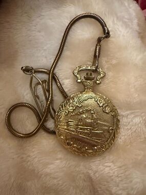 Source Unknown Gold-Tone Train Engraved Pocket Watch with Chain